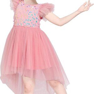 Sunny Fashion Girl's Pink Sequin Tulle Hi-Low Dress Flutter Sleeves Size 4